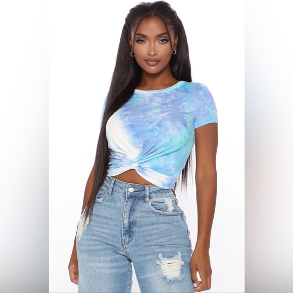 Blue Tie Dye Cropped Top Twist Front Blouse - Picture 2 of 11